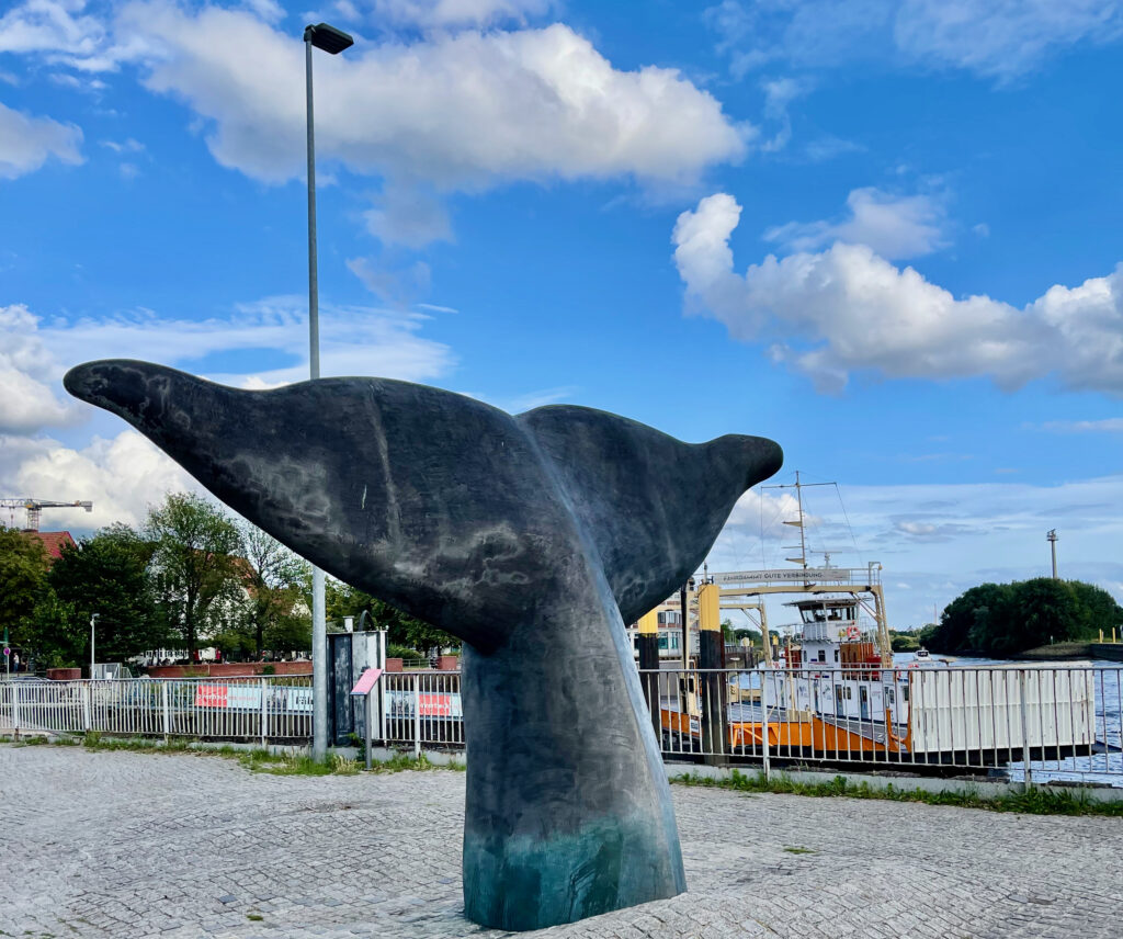 Vegesack Runde Sehenswuerdigkeiten: Walfischflosse im Hintergrund die Faehre auf die gegenueberliegende Weserseite