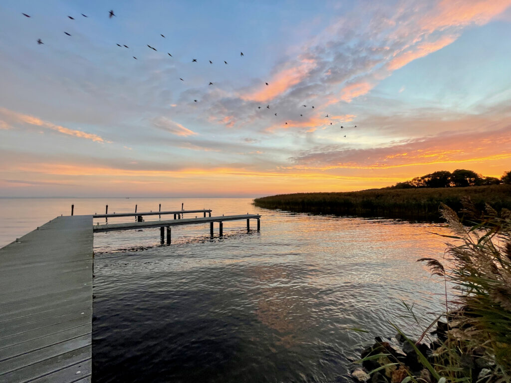 Stettiner Haff Sehenswuerdigkeiten und Lieblingsplaetze, Sonnenaufgang ueber dem Stettiner Haff, seichtes Wasser, Morgenroete spiegelt sich im Wasser am Haffhus